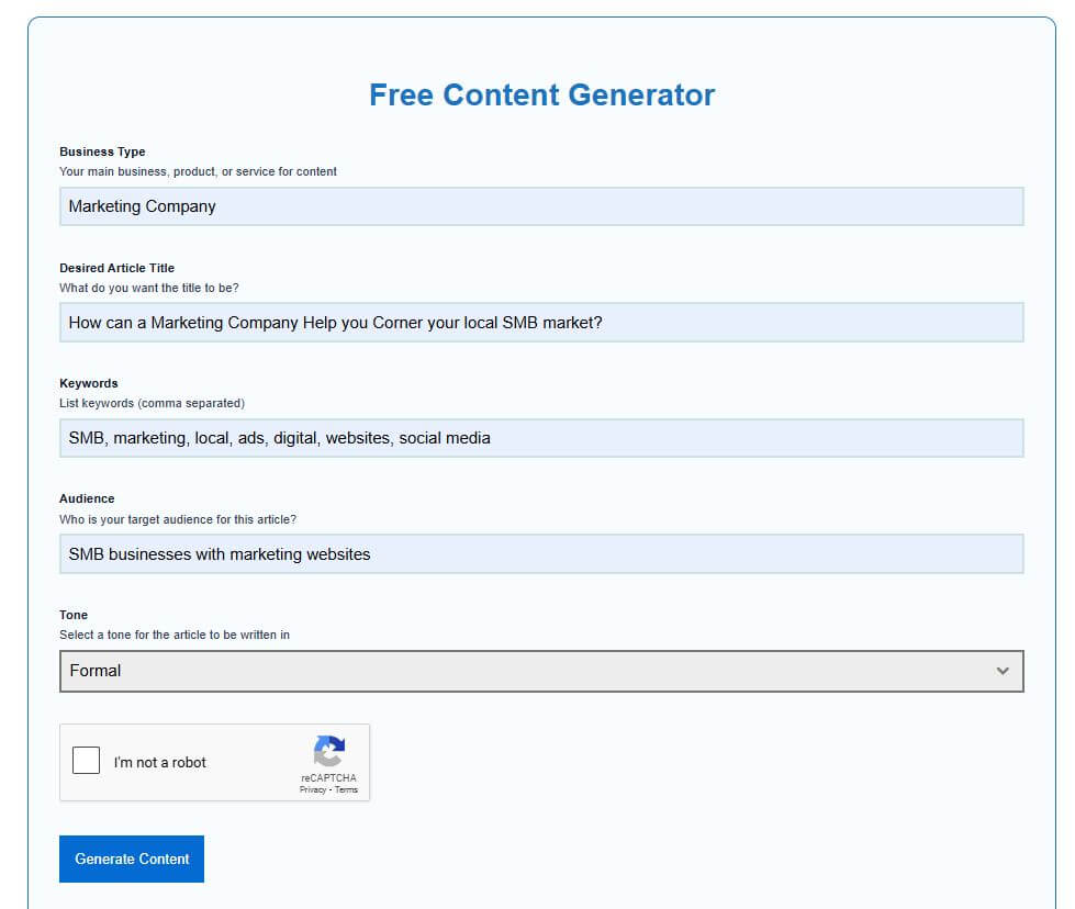 Free AI Article Generator user filled