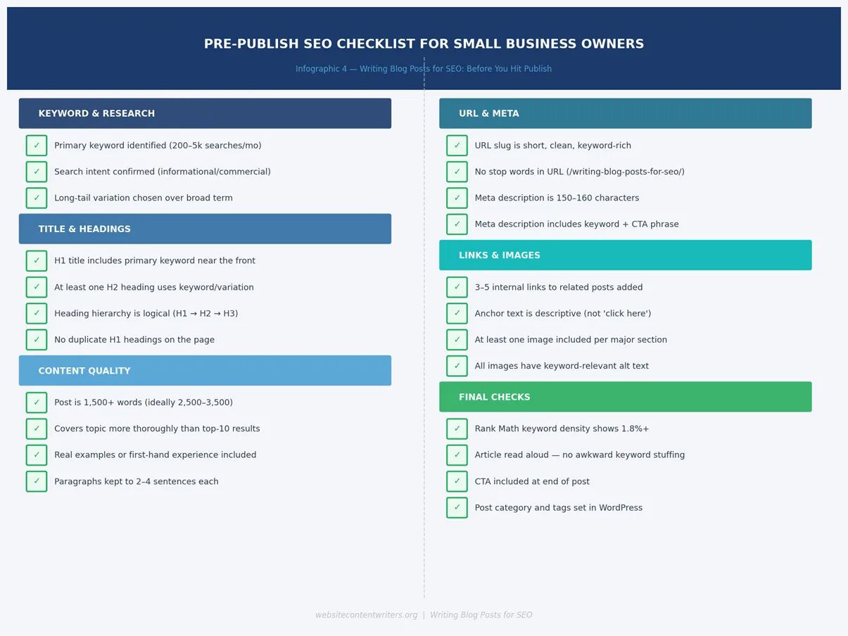 Writing blog posts for SEO - Run through this pre-publish checklist before every post goes live.